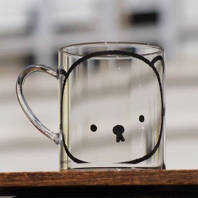 簡約線條小熊玻璃馬克杯  黑色 透明 小熊插畫 動物 玻璃餐具 手把杯 果汁杯 牛奶杯【小雜貨】