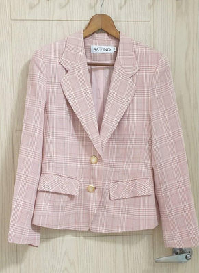 長袖西裝外套 格紋 粉色 短版西裝外套 女裝 春夏款單層