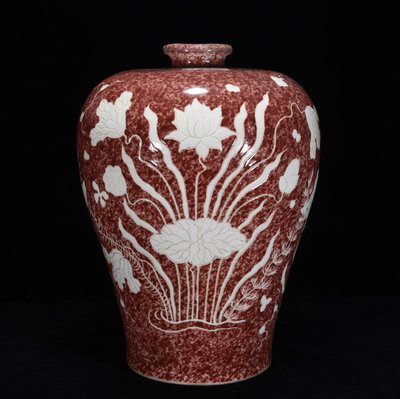 中國古瓷 明宣德年釉里紅留白魚藻紋梅瓶40*28m5000RT-8665