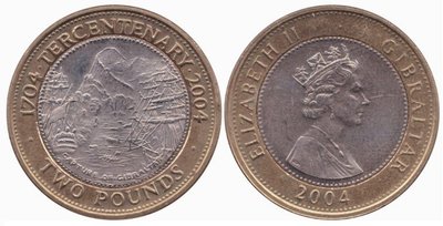 直布羅陀 2004年 被英國統治300周年 2英鎊 雙金屬 紀念幣 UNC