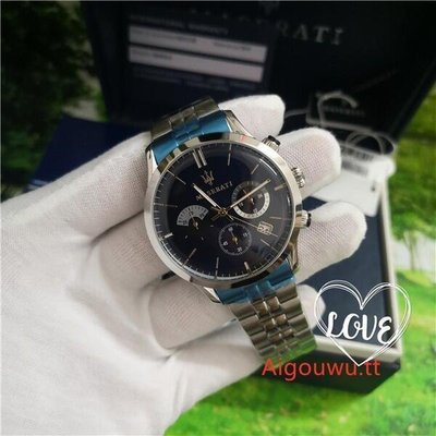 熱銷特惠 Maserati瑪莎拉蒂 商務休閒三眼計時男錶 銀色藍面不鏽鋼鏈石英錶 時尚男士腕錶 R8873633001明星同款 大牌手錶 經典爆款