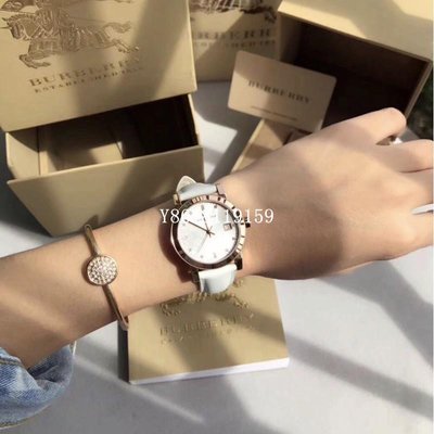 BURBERRY手錶 BU9130 經典格紋玫瑰金白色皮革錶帶女錶/
