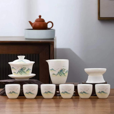 羊脂玉白瓷茶具套裝功夫泡茶杯家用客廳禮盒陶瓷蓋碗旅行便攜收納天秤百貨