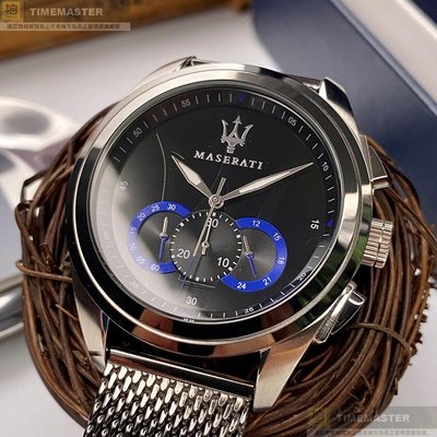 MASERATI手錶,編號R8873612006,46mm槍灰色圓形精鋼錶殼,黑色三眼錶面,槍灰色米蘭錶帶款