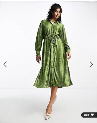 (嫻嫻屋) 英國ASOS-Y.A.S金屬光澤綠色細摺襯衫領長袖腰部綁帶中長裙洋裝禮服EH23