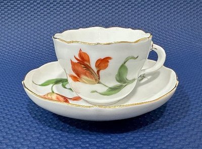 【湛瓷Meissen】德國麥森Meissen 手繪花卉系列紅鬱金香咖啡杯盤組
