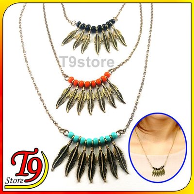 【T9store】韓國製 復古彩色珠子和金屬羽毛項鍊