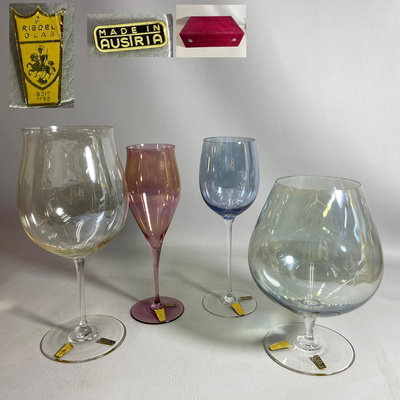 【古玩輕鬆拍】老奧地利品牌 Austria riedel glas 四彩高腳玻璃杯/酒杯4入組 附收納箱※2405150510366D※1200元起標