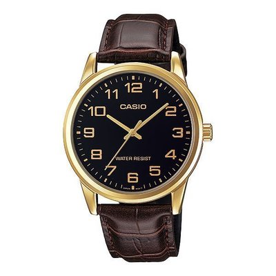 CASIO WATCH 卡西歐標準型金框黑面清晰阿拉伯數字皮帶石英對錶腕錶 型號：MTP-V001GL-1B【神梭鐘錶】