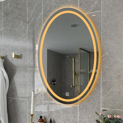 浴室鏡LED橢圓形鏡子掛墻衛生間帶燈防霧鏡觸摸屏 自行安裝