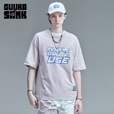 GUUKA&amp;SANK藏克粉色短袖T恤男潮牌學生嘻哈純棉印花運動5分袖寬松