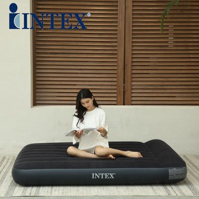 美國INTEX64143 黑白內置枕頭單層雙人加大線拉空氣床  充氣床墊