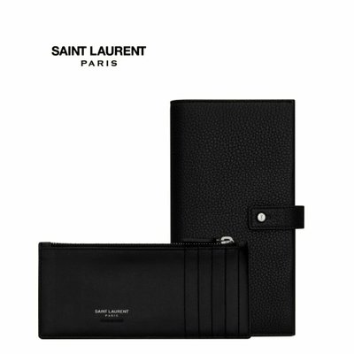 Saint Laurent Paris YSL (黑色×金屬銀色) 真皮兩摺長夾 皮夾 錢包 中性款｜100%全新正品