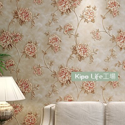 KIPO-仿刺繡牡丹壓紋壁紙壁貼 壁紙文化石 仿磚紋 仿石材 -可另施工-牡丹紅-5色可選