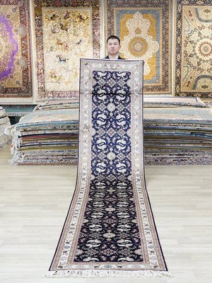 米可家飾~天匠76x370cm手工真絲波斯地毯出口俄羅斯深藍色客廳臥室地毯手工地毯手工地毯