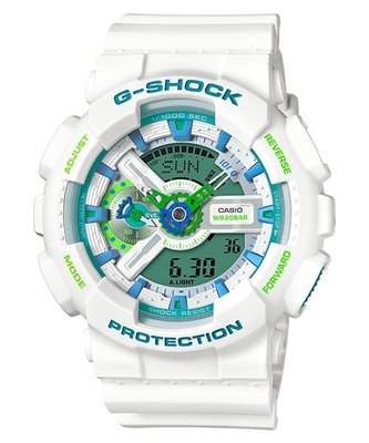 【CASIO G-SHOCK】GA-110WG-7A 在錶盤和部份細節處，點綴上薄荷綠及湖水藍，專屬夏天涼爽感