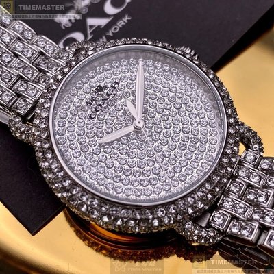 COACH蔻馳女錶,編號CH00011,34mm銀圓形精鋼錶殼,銀色簡約, 鑽面錶面,銀色精鋼錶帶款