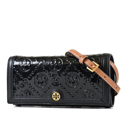 美國正品 TORY BURCH 專櫃款 T MONOGRAM漆皮浮雕LOGO翻蓋斜背長夾WOC包-黑色 【現貨】