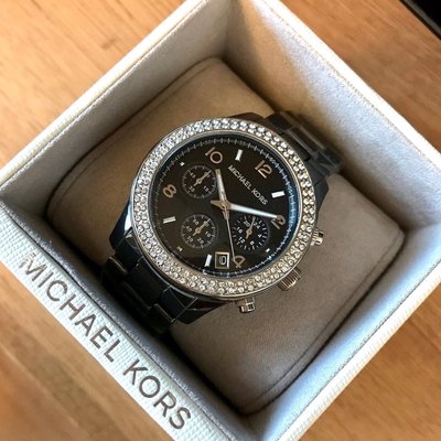 MICHAEL KORS Runway 水鑽圈 黑色錶盤 黑色陶瓷錶帶 石英 三眼計時 女士手錶 MK5190
