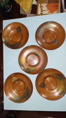 日本 玉川堂 手工捶打 銅器 金葉紋 銅茶托 杯托五客 套組