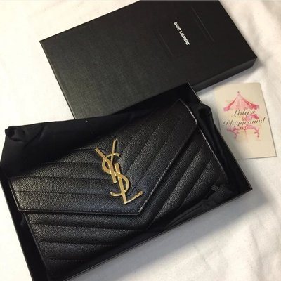 【二手】現貨 YSL 聖羅蘭 372264 魚子醬皮牛金字 LOGO 信封釦式長夾 錢包