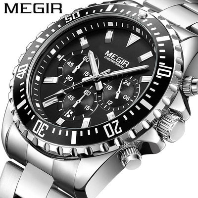 MEGIR 計時男士手錶軍事軍隊運動時鐘鋼帶石英日期男士手錶 2064