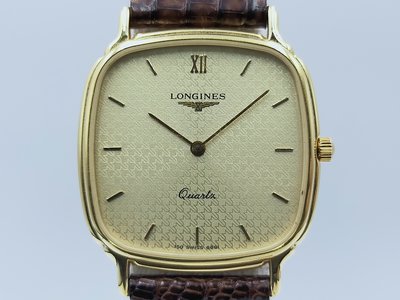 【發條盒子H2426】 LONGINES 浪琴 方型米面 鍍金石英 中性腕錶 經典皮帶錶款