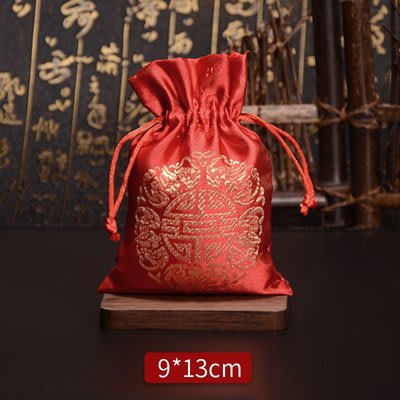 9X13cm 新年織錦緞紅色五福喜袋 束口收納袋 單層 香包 香囊 首飾袋 喜糖袋