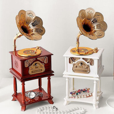 【】仿古古典喇叭留聲機復古音樂盒 家飾擺件 創意禮物帶座架懷舊送禮