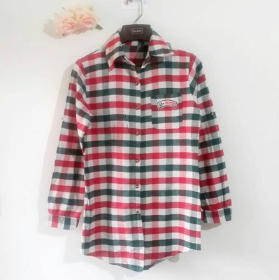 【CHIMOMO】白/紅/綠 交叉格子口袋 棉質長袖長版襯衫 長版休閒衫