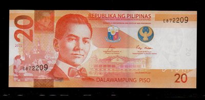 【低價外鈔】菲律賓2022年 20PESO 披索 紙鈔一枚，新銀行logo版本，最新發行~