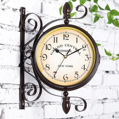 歐式鐵藝雙面掛鐘創意美式田園掛表現代簡約客廳個表裝飾復古時鐘