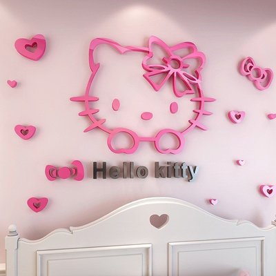 【熱賣精選】 Hello kitty壓克力壁貼 卡通可愛粉色小貓咪頭墻貼 3d立體牆貼亞 兒童房臥室床頭背景牆貼畫 壁貼