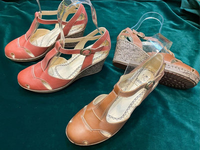 三輝皮鞋MIT高台小羊皮天然軟木楔型高跟涼鞋棕/橘零碼現貨台灣製