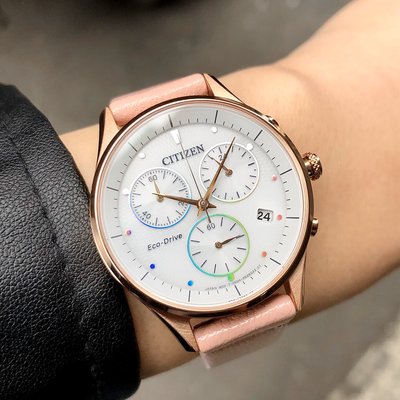 現貨 可自取 CITIZEN FB1443-08A 星辰錶 手錶 38mm 光動能 三眼計時 白面盤 粉紅色皮錶帶 女錶