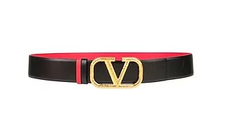 Valentino 女款 義大利金品 黑/紅 4cm 金釦 V logo 皮帶 腰帶 飾品 配件