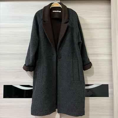 法國品牌 Cotélac 副牌 acote 雙色 捲袖設計 深灰色 中長版 羊毛 大衣外套