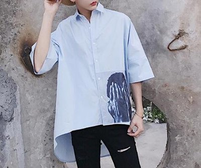 FINDSENSE MD 韓國 街頭時尚 潮 男 蝙蝠袖 頭像印花 下擺前短後長 五分袖襯衫 特色短T