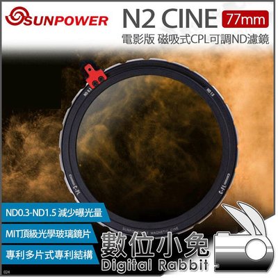數位小兔【SUNPOWER 77mm N2 CINE 電影版 磁吸式 CPL可調ND濾鏡】偏光鏡 減光鏡 攝影 濾鏡