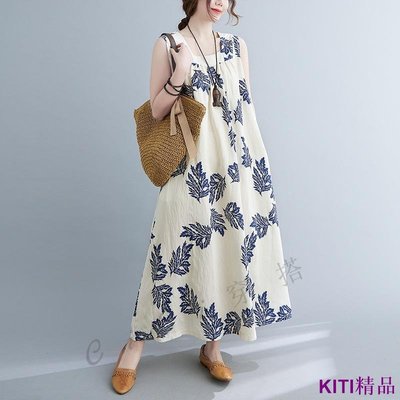 KITI精品♥【新款】夏季大尺碼洋裝 寬鬆透氣 棉麻洋裝 印花洋裝 藝文氣質洋裝 新款休閒度假中長款洋裝