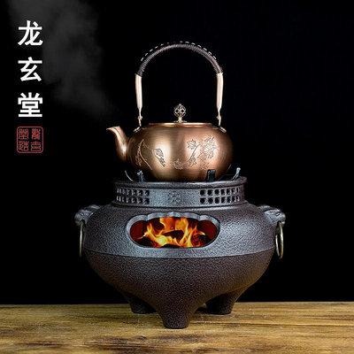 銅壺燒水壺煮茶壺仿唐銅炭爐鬼面風爐手工純紫銅茶壺紅銅民宿茶具