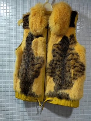 黃色豹紋真皮兔毛背心外套Size:13