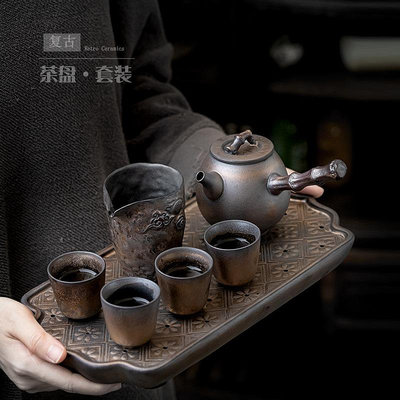 三友社 鎏金中式陶瓷茶具套裝家用仿古茶壺茶杯帶茶盤整套客廳泡茶小套組jcs