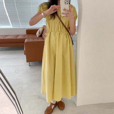 韓國🔅顯白檸黃抽繩收腰顯瘦小澎袖洋裝