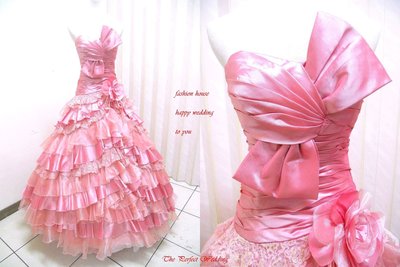 【時尚屋婚紗禮服】粉色露肩法式設計師層次華麗造型款《二手禮服》～Ｗ５３６(歡迎預約試穿)