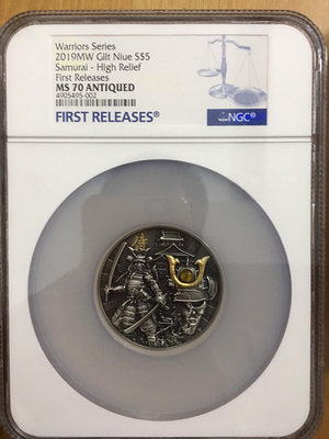 yNGC評級 2019年紐埃 武士仿古高浮雕銀幣MS 70 A