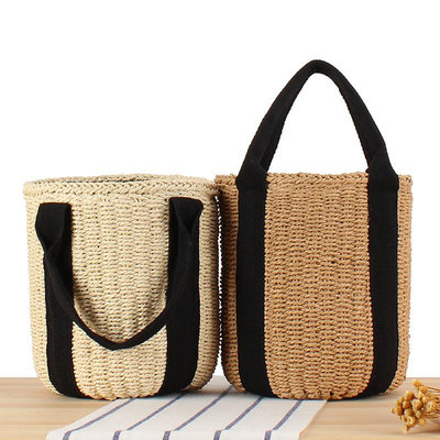 兩件手提水桶編織包手拎黑色織帶草編包夏日度假拍照沙灘包