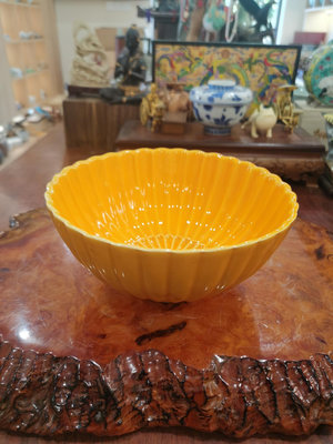 日本回流 黃交趾 菊割大缽 果子缽 賞皿 居家裝飾擺件盛器