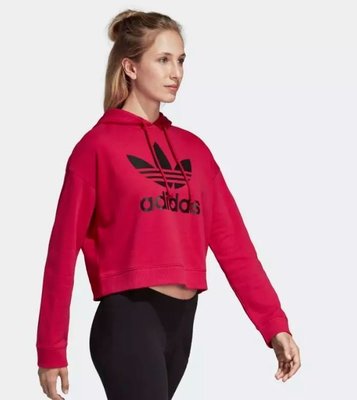 【Dr.Shoes 】Adidas LeoFlage 女裝 紅 黑Logo 短版 休閒運動 連帽T恤 DX4301
