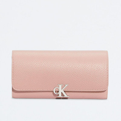 【美麗小舖】Calvin Klein CK 粉色 荔枝紋皮革 掀蓋長夾 發財包 皮夾 長夾 錢包~C42178